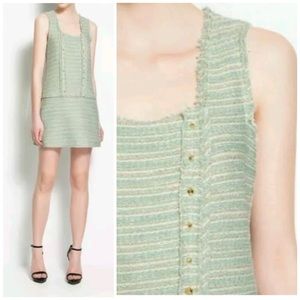 NWT Zara Mint Green Tweed Gold Metallic Sleeveless Square-Neck Mini Dress XS